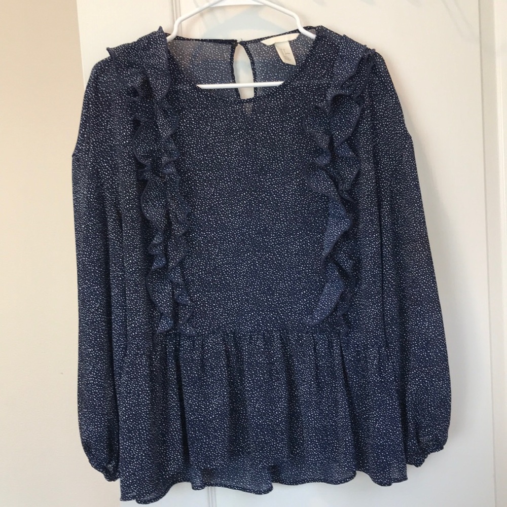 H&M Blue and White Long Sleeve Blouse Size 8